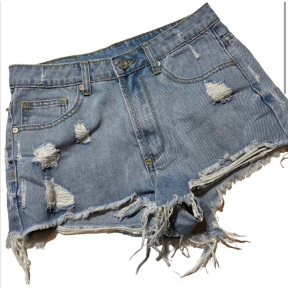UNIF Size 28 Denim Blue Jean Shorts Distressed Light Wash Midrise micro mini - Picture 1 of 5